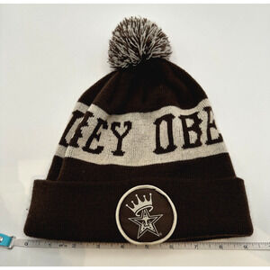 OBEY Pom Beanie Hat Brown Cream Knit Cuffed Star Crown Patch One Size